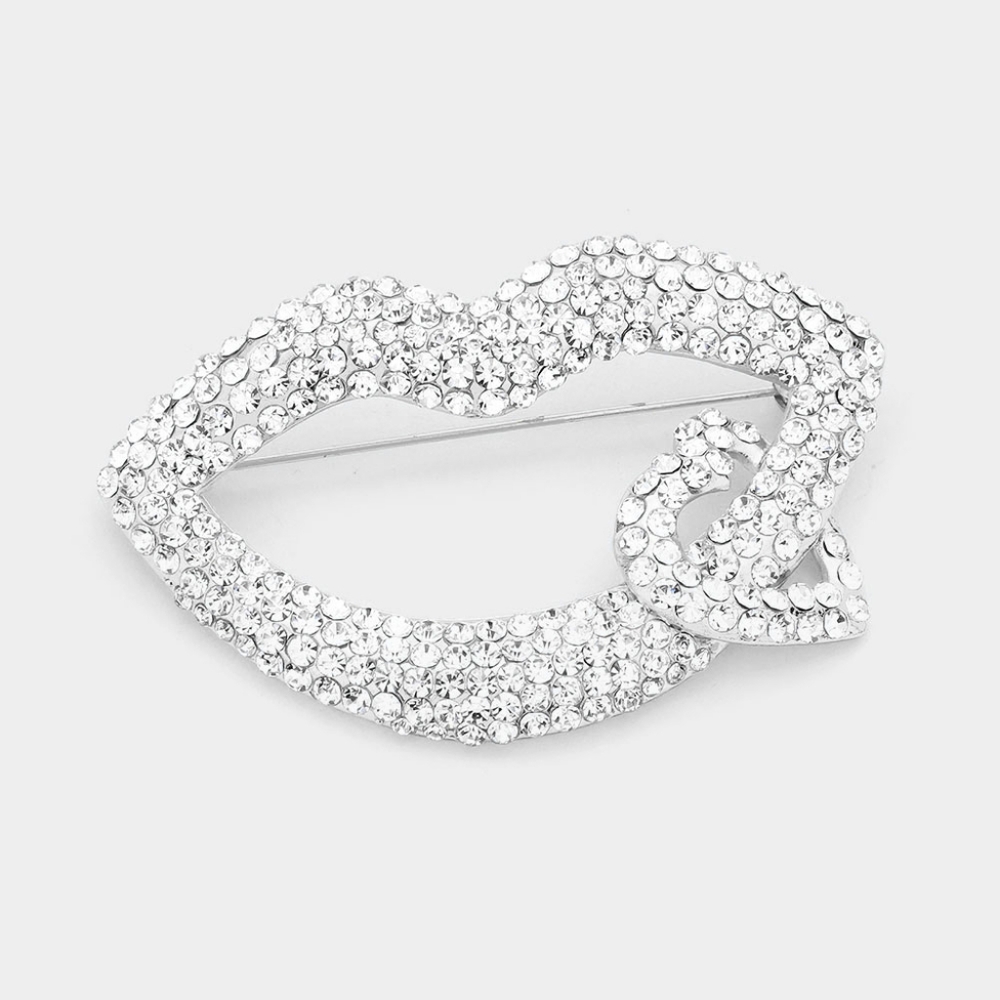 Silver Clear Rhinestone Crystal Heart Lip Brooch Pin Cute Statement Accessory